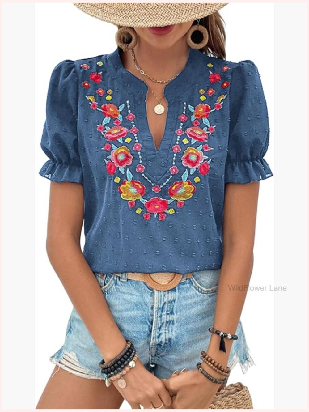 Women's V Neck Puff Sleeve Embroidered Blouse Summer